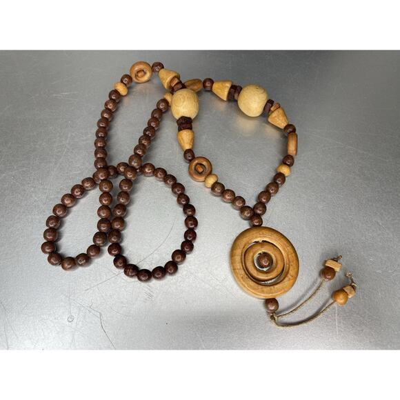 Vintage Long Single Strand Carved Wooden Bead Necklace Unique Disc Two Tone - Picture 1 of 3